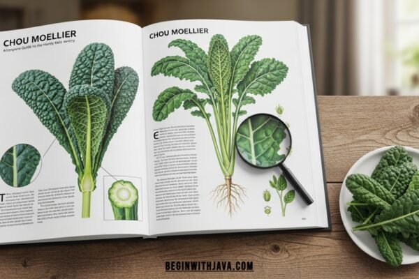 Fresh Chou Moellier kale leaves growing in a garden, showcasing their tender, green, and cold-hardy foliage.