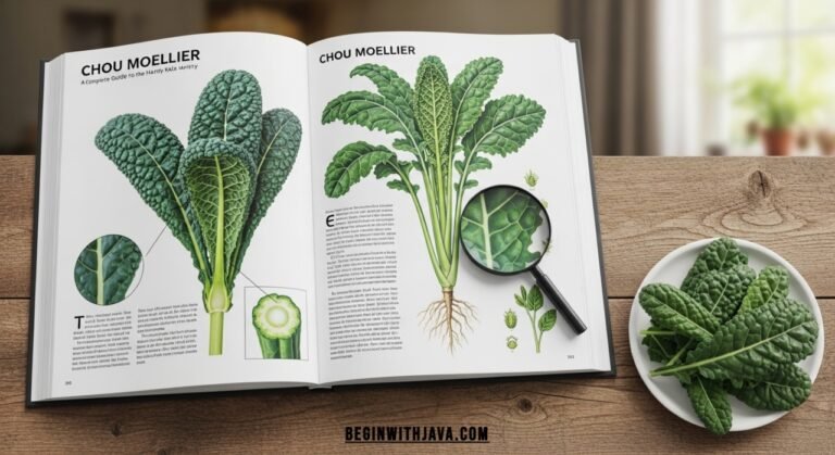 Fresh Chou Moellier kale leaves growing in a garden, showcasing their tender, green, and cold-hardy foliage.