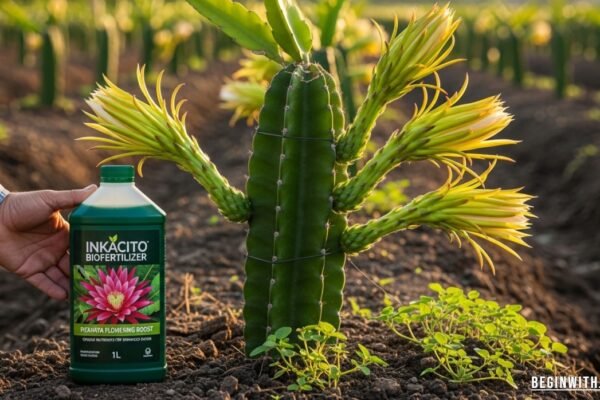 Inkacito biofertilizer applied to pitahaya (dragon fruit) plants to stimulate flowering and improve fruit yield