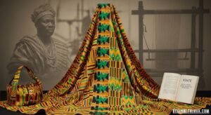 Colorful kente cloth with intricate geometric patterns, displayed folded to showcase traditional African weaving and vibrant colors.