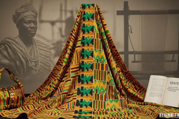 Colorful kente cloth with intricate geometric patterns, displayed folded to showcase traditional African weaving and vibrant colors.
