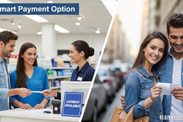 Customer paying first installment on layaway plan at retail store counter