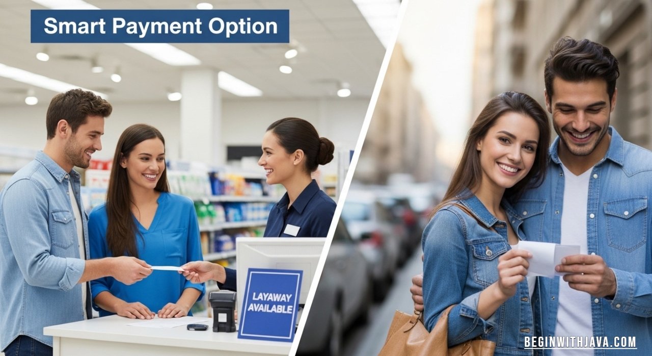 Customer paying first installment on layaway plan at retail store counter