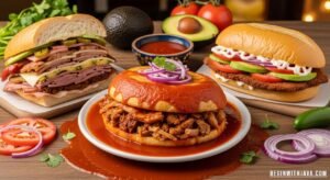 Freshly made lonches stacked on a plate, filled with meats, cheese, vegetables, and colorful sauces, ready to eat.