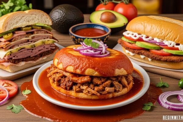 Freshly made lonches stacked on a plate, filled with meats, cheese, vegetables, and colorful sauces, ready to eat.