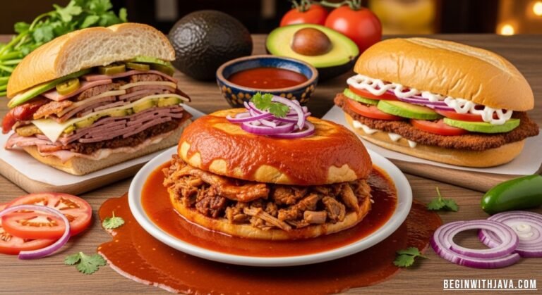 Freshly made lonches stacked on a plate, filled with meats, cheese, vegetables, and colorful sauces, ready to eat.