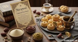 Freshly baked mamuul pastries arranged on a plate, showing their golden crust and traditional filled design.