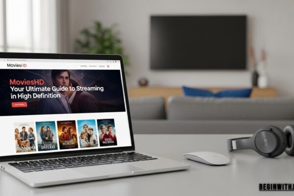 “MoviesHD streaming interface showing high-definition movies and TV shows on multiple devices”