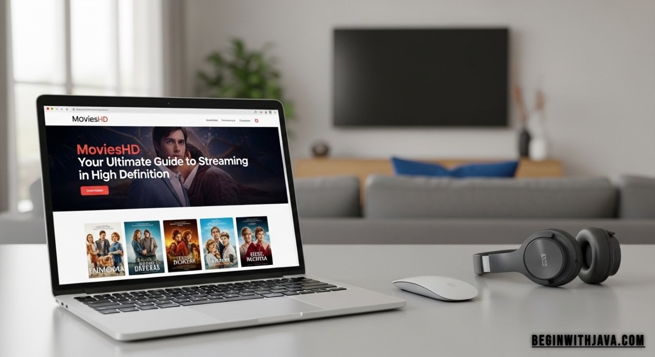 “MoviesHD streaming interface showing high-definition movies and TV shows on multiple devices”