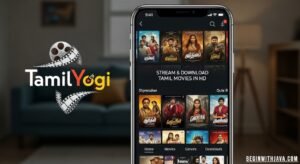 TamilYogi platform interface displaying Tamil movies and TV shows available for streaming and download in HD