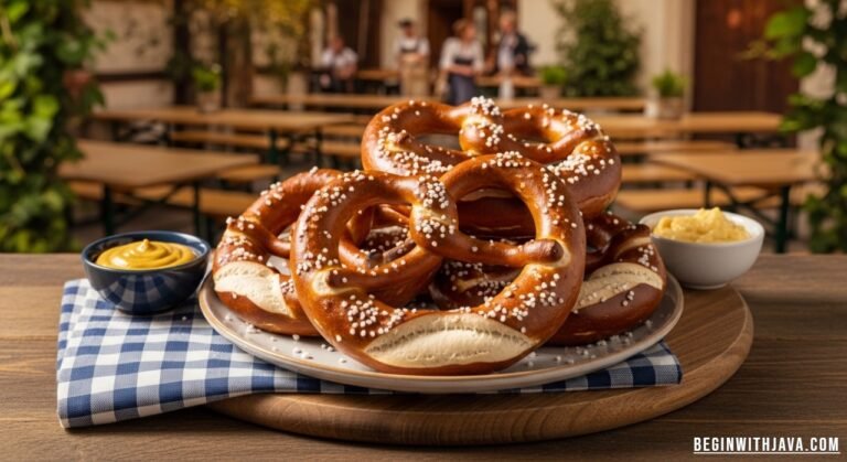 Freshly baked Bavarian pretzels with golden-brown crust and soft, chewy interior, served on a wooden board