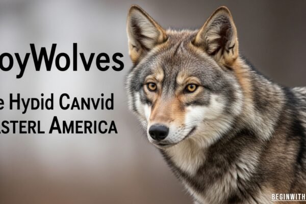 Coywolf standing in a forest clearing, showing features of both coyote and wolf in eastern North America