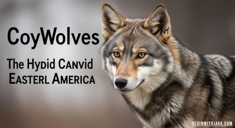 Coywolf standing in a forest clearing, showing features of both coyote and wolf in eastern North America