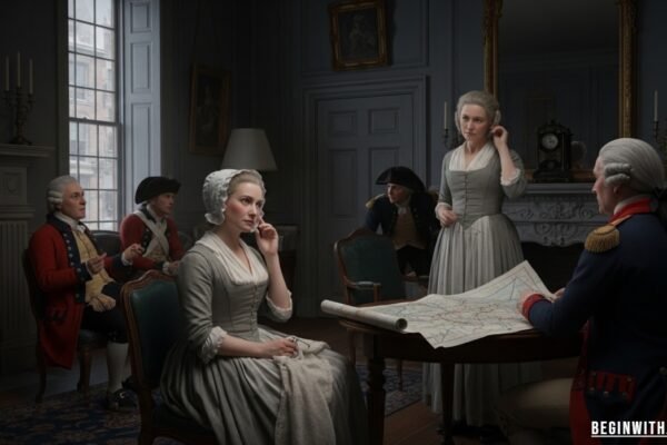 Portrait of Lydia Darragh, 18th-century Quaker woman and Revolutionary War spy, depicted in historical attire