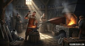 Medieval blacksmith working in a smithy forge, shaping glowing iron with hammer and anvil in a traditional workshop
