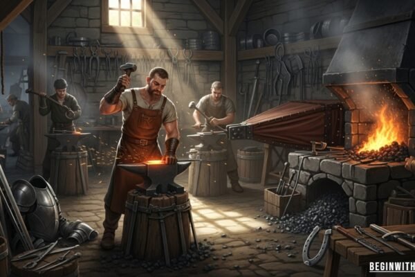 Medieval blacksmith working in a smithy forge, shaping glowing iron with hammer and anvil in a traditional workshop
