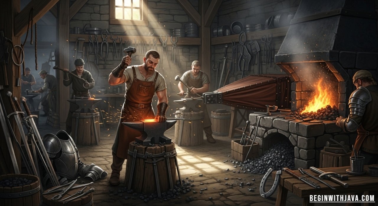 Medieval blacksmith working in a smithy forge, shaping glowing iron with hammer and anvil in a traditional workshop