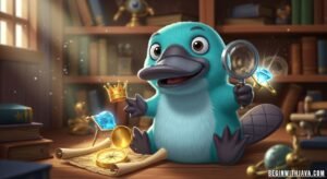Teal platypus cartoon character with bright teal fur, webbed feet, and a cheerful expression in a playful setting