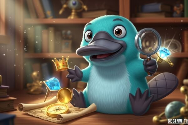 Teal platypus cartoon character with bright teal fur, webbed feet, and a cheerful expression in a playful setting