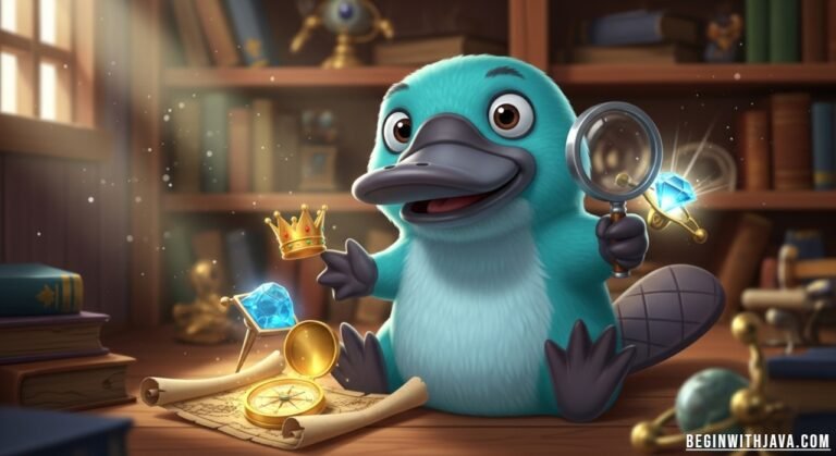 Teal platypus cartoon character with bright teal fur, webbed feet, and a cheerful expression in a playful setting